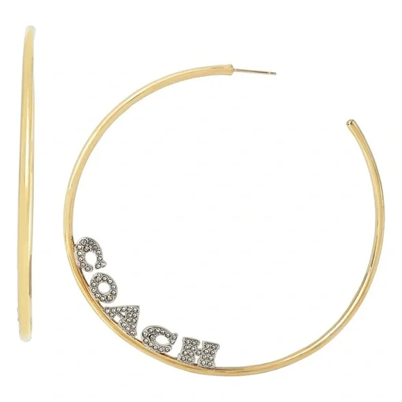 NWT COACH Gold Pave Large Logo Hoop Earrings - Picture 4 of 7